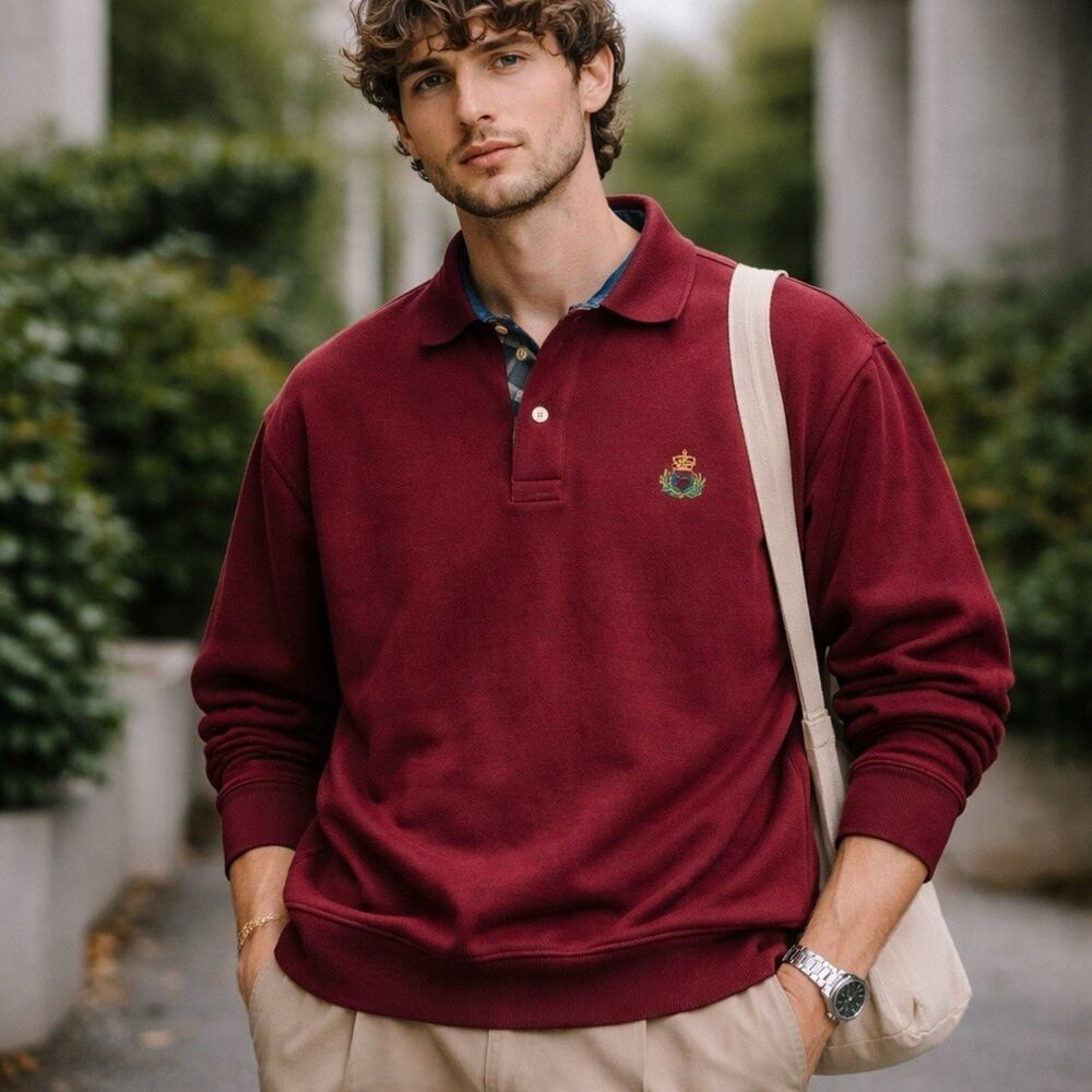 GANT Rugger Polo Sweatshirt Men L Red Long Sleeve Crest Logo Cotton Knit Preppy